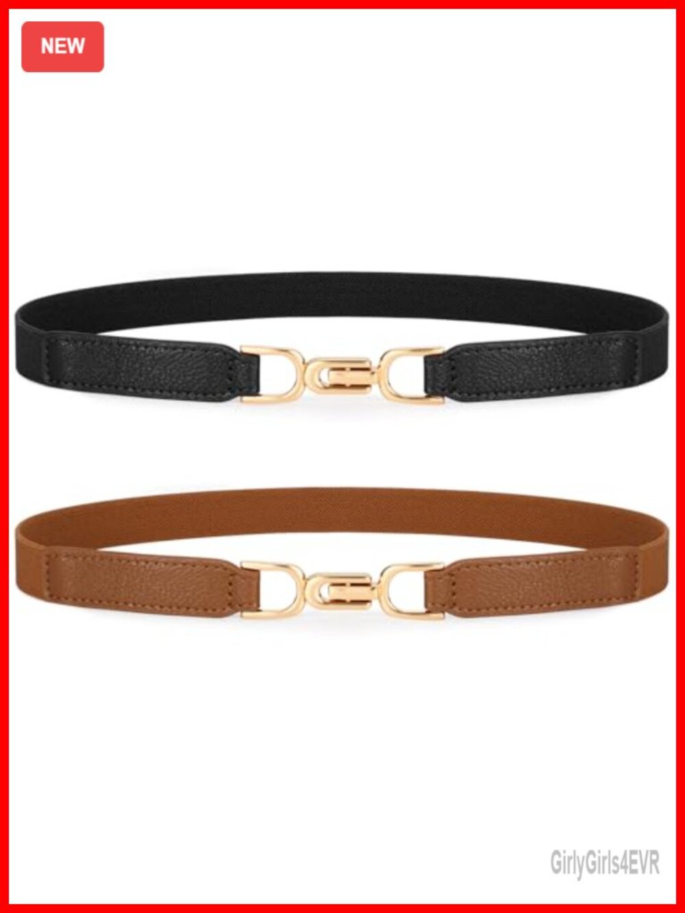 Women's Elastic Thin Skinny Stretch Waist Belts with Gold Buckle Set of 2